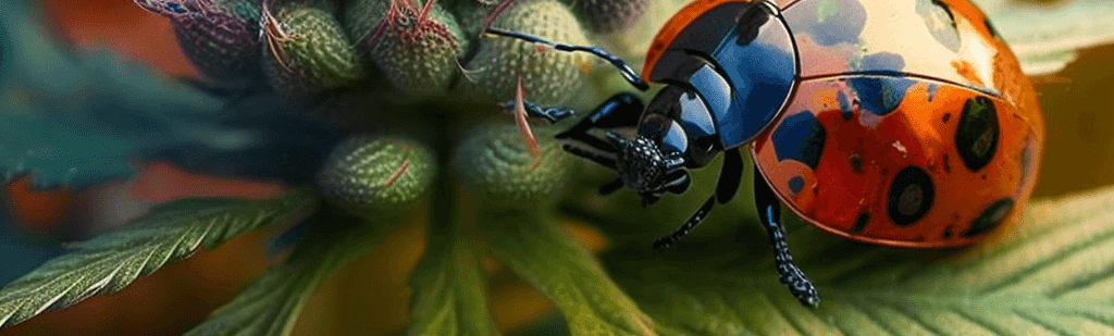 Ladybug on a harvest colored flowering cannabis leaf
